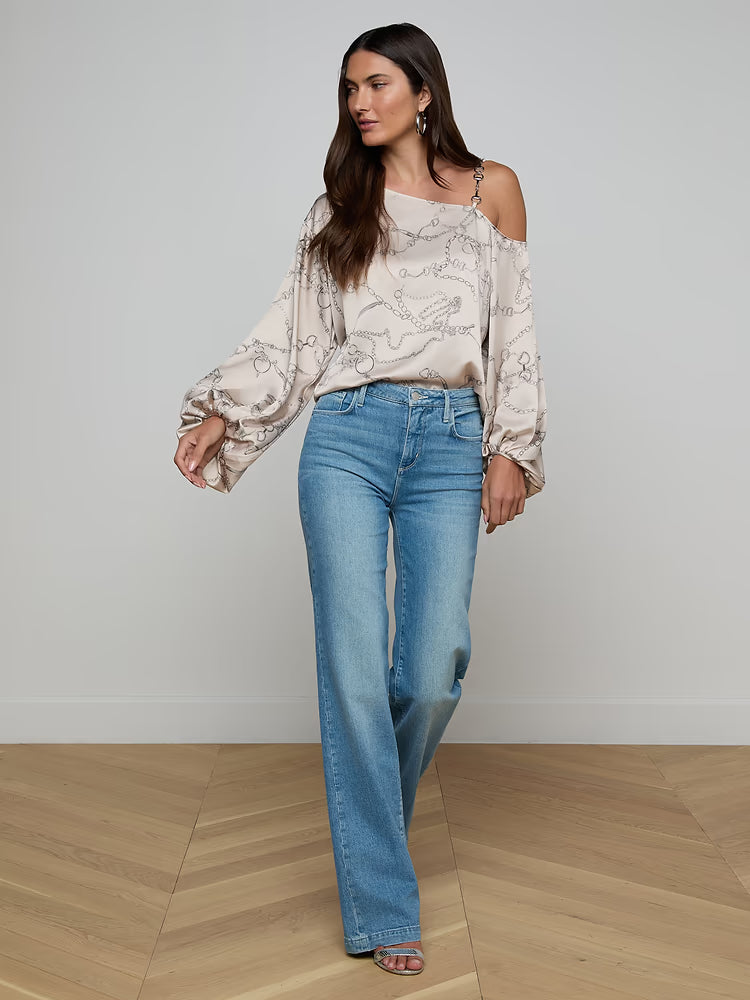 Asami Chain One-Shoulder Blouse Soft Macadamia Multi Small Horsebit Chain - L'AGENCE