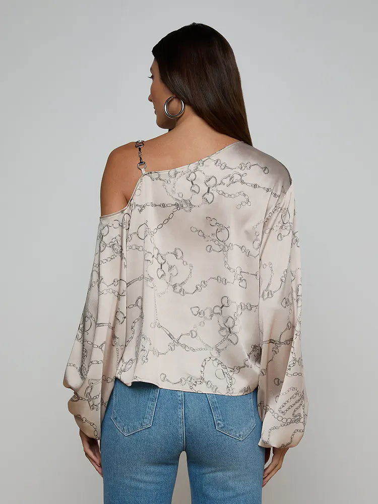 Asami Chain One-Shoulder Blouse Soft Macadamia Multi Small Horsebit Chain - L'AGENCE