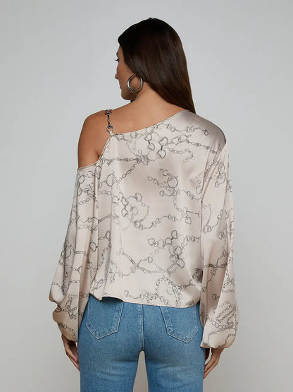 Asami Chain One-Shoulder Blouse Soft Macadamia Multi Small Horsebit Chain - L'AGENCE
