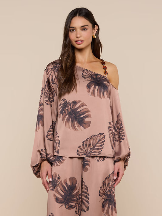 Asami Chain One-Shoulder Blouse Hazelnut Multi Large Palm - L'AGENCE