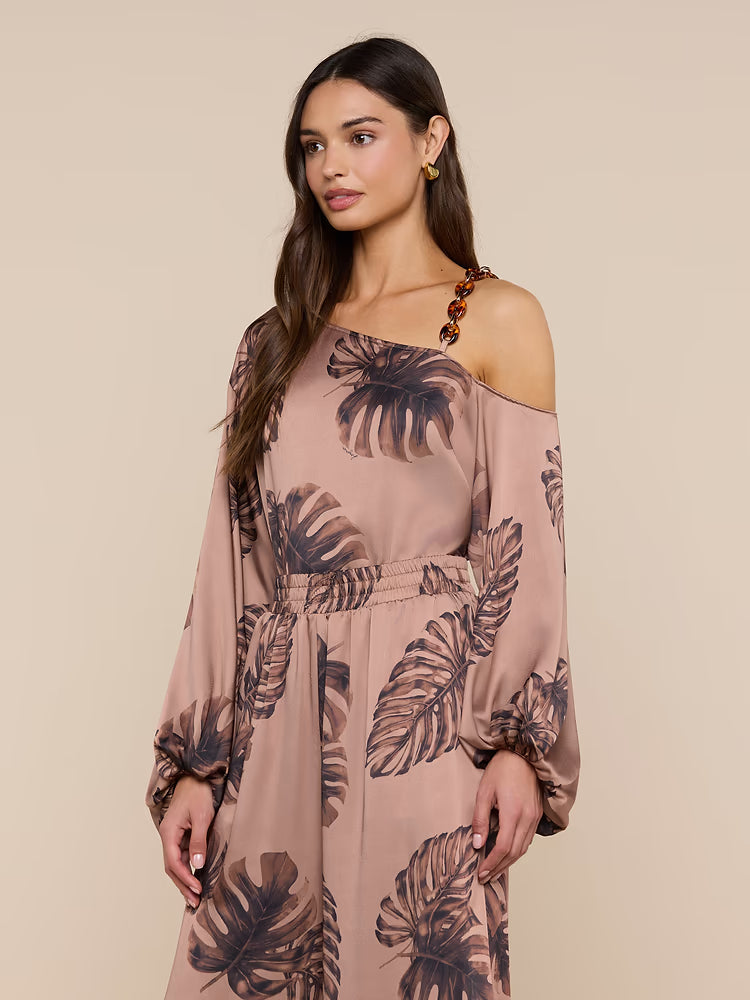 Asami Chain One-Shoulder Blouse Hazelnut Multi Large Palm - L'AGENCE