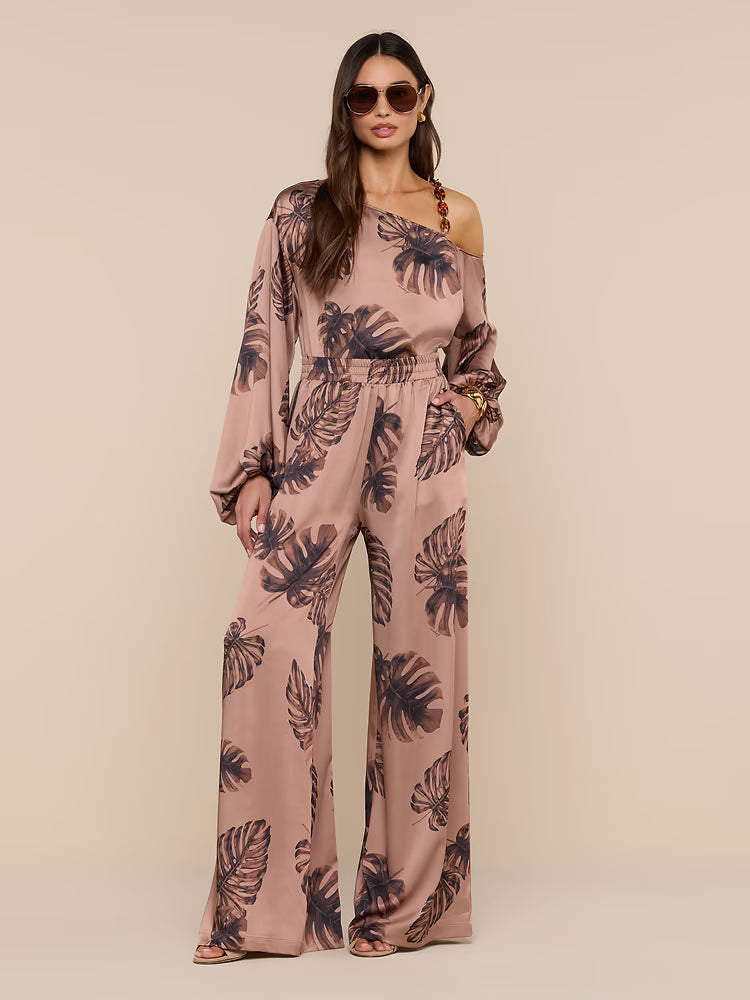 Asami Chain One-Shoulder Blouse Hazelnut Multi Large Palm - L'AGENCE