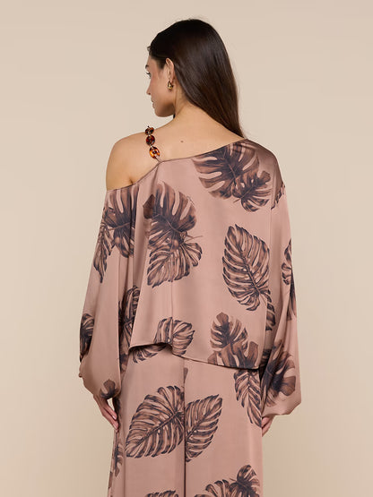 Asami Chain One-Shoulder Blouse Hazelnut Multi Large Palm - L'AGENCE
