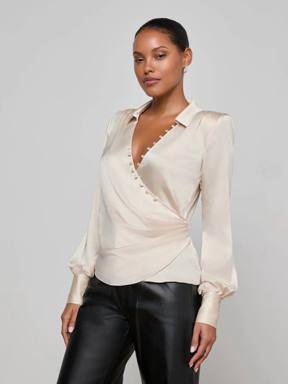 Bernice Satin Wrap Blouse Champagne - L'AGENCE