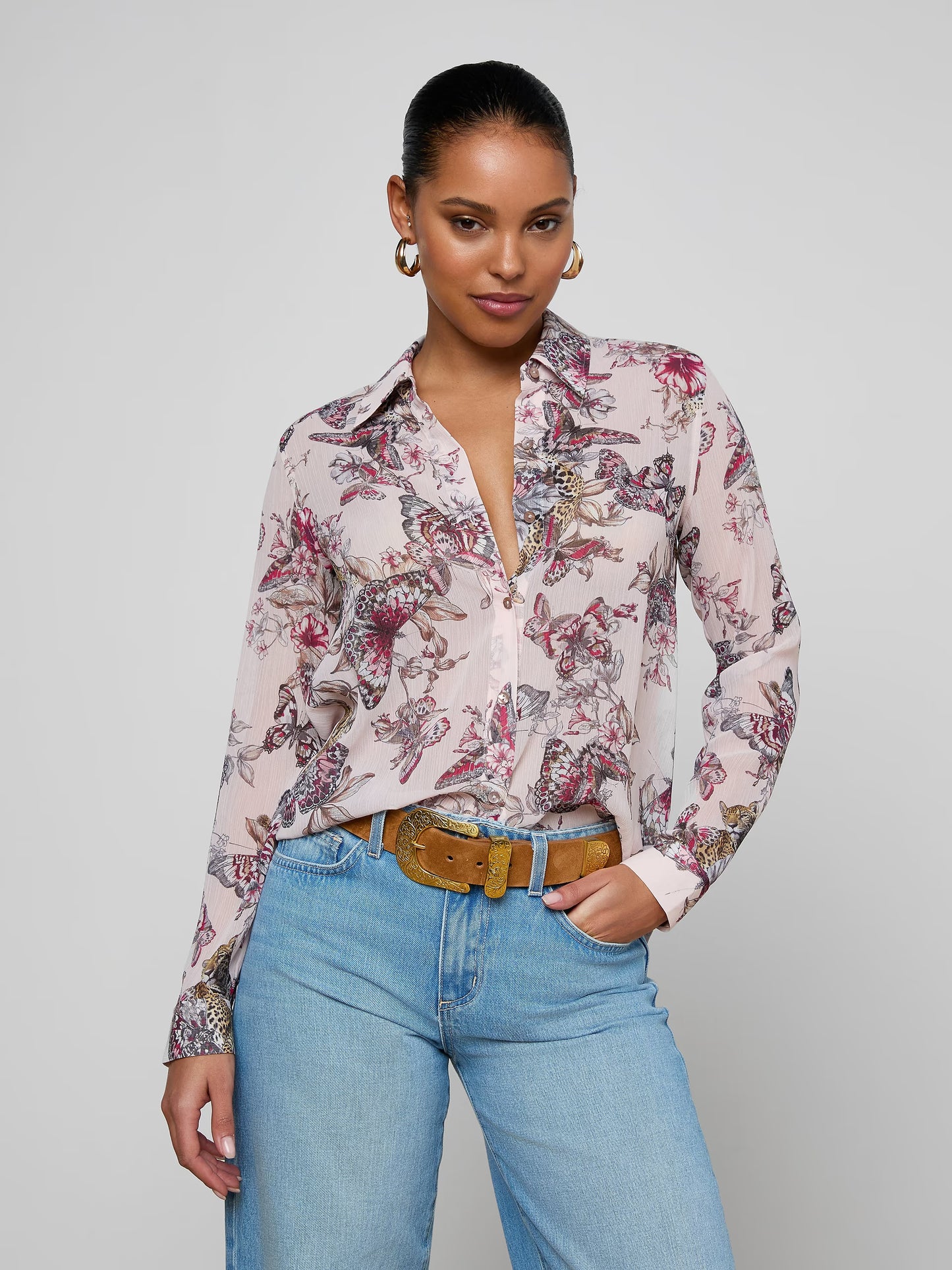 Laurent Blouse Light Nectar Pink Small Butterfly Jungle - L'AGENCE