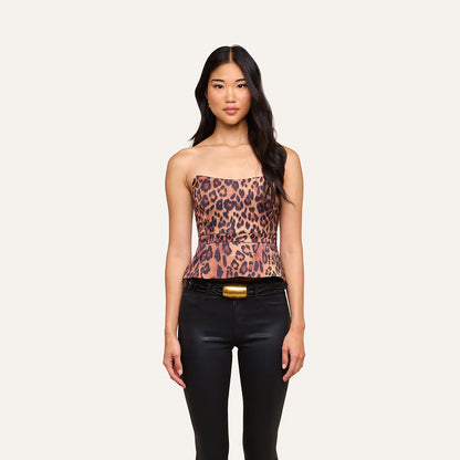 Meliora Corset Peplum Top Tan Multi Javan Leopard - L'AGENCE