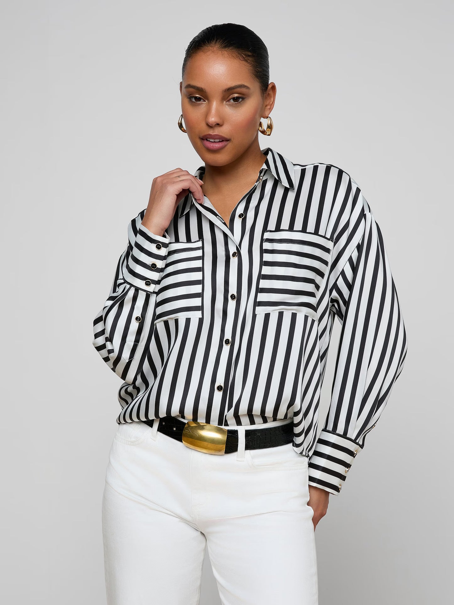 Eliora Shirt Black/Ivory Even Stripe - L'AGENCE