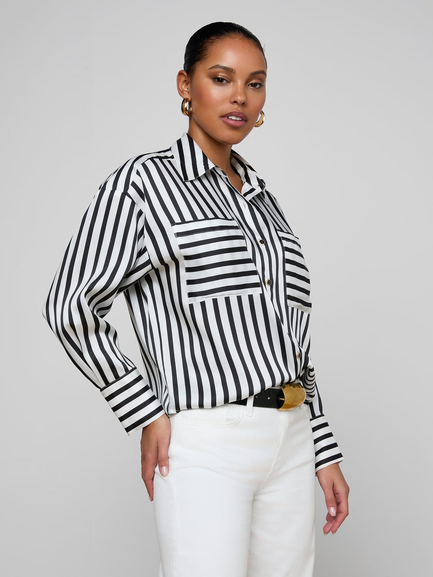Eliora Shirt Black/Ivory Even Stripe - L'AGENCE