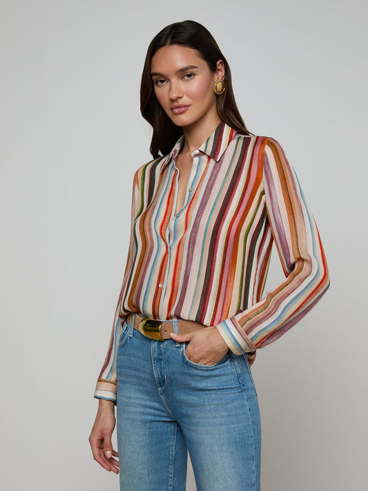 Nina Silk Blouse Multi Watercolor Stripe - L'AGENCE