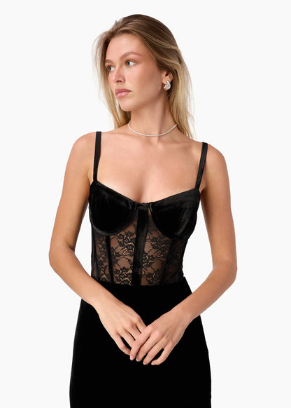Valentyna Velvet Corset Bodysuit Black - CAMI NYC