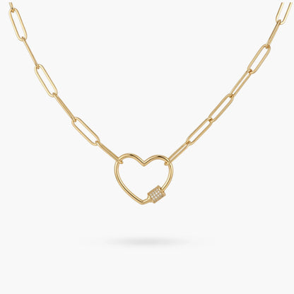 Paperclip Chain Link Necklace Heart White Crystal Studded - Love You More
