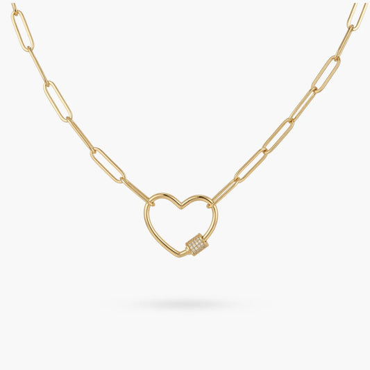 Paperclip Chain Link Necklace Heart White Crystal Studded - Love You More