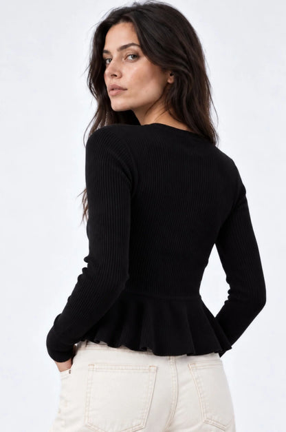 Ribbed Peplum Cardigan Black - Minnie Rose