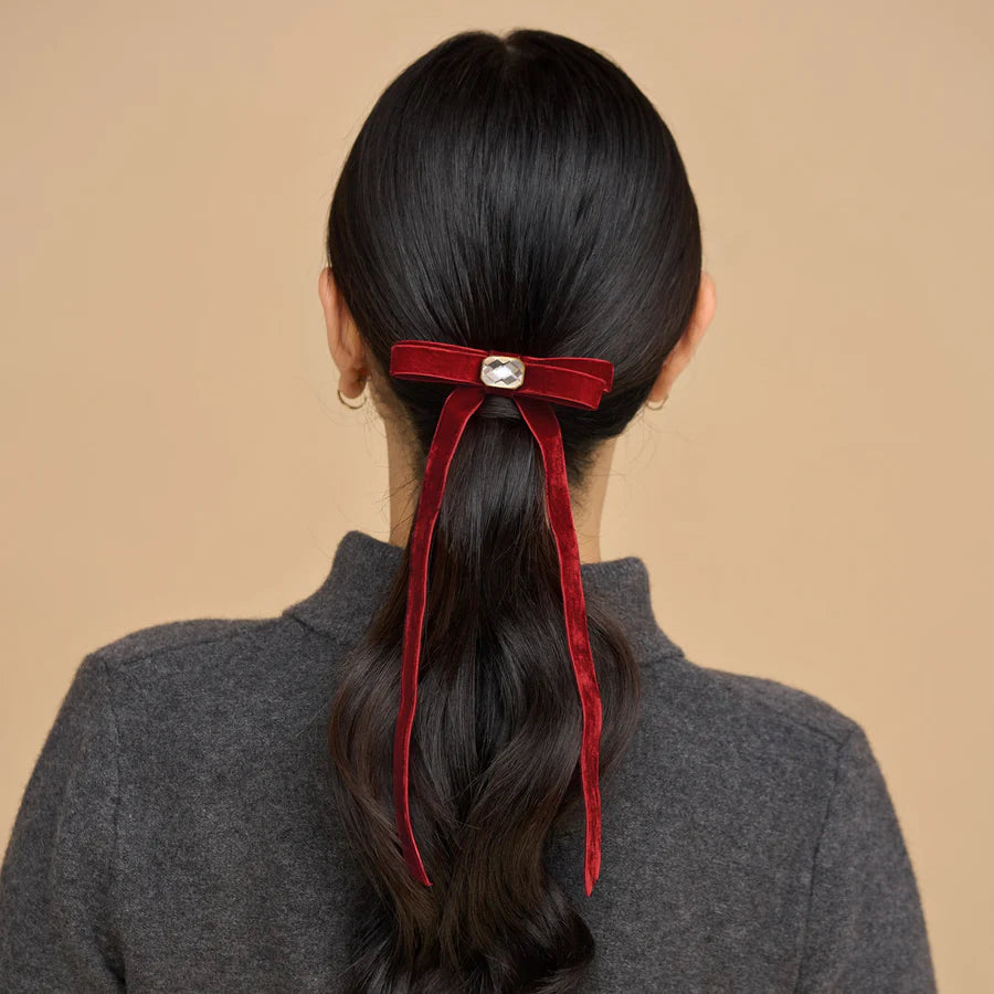 Velvet & Gemstone Bow Hair Clip Red - KITSCH