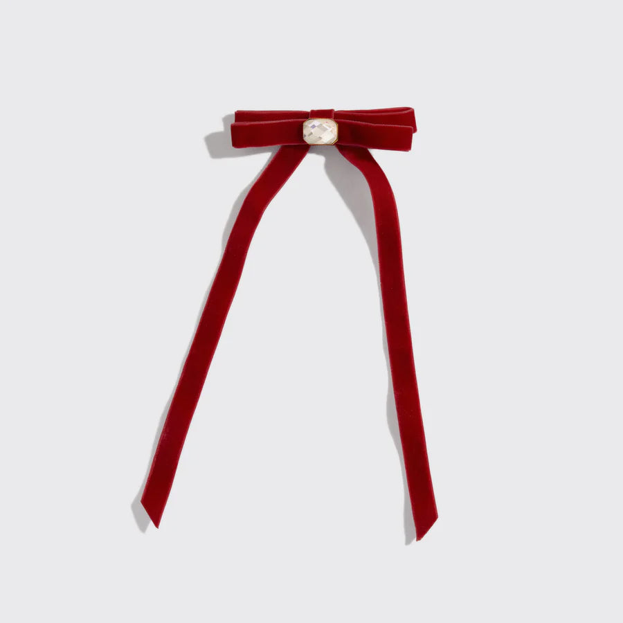Velvet & Gemstone Bow Hair Clip Red - KITSCH