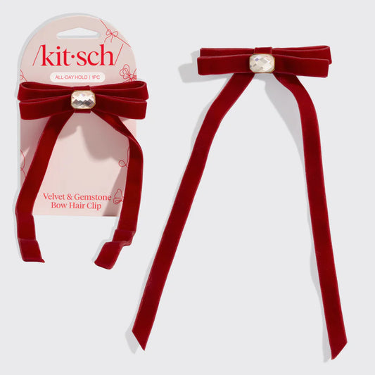 Velvet & Gemstone Bow Hair Clip Red - KITSCH