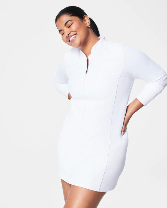 Contour Rib Long Sleeve Zip Front Dress Vivid White - SPANX