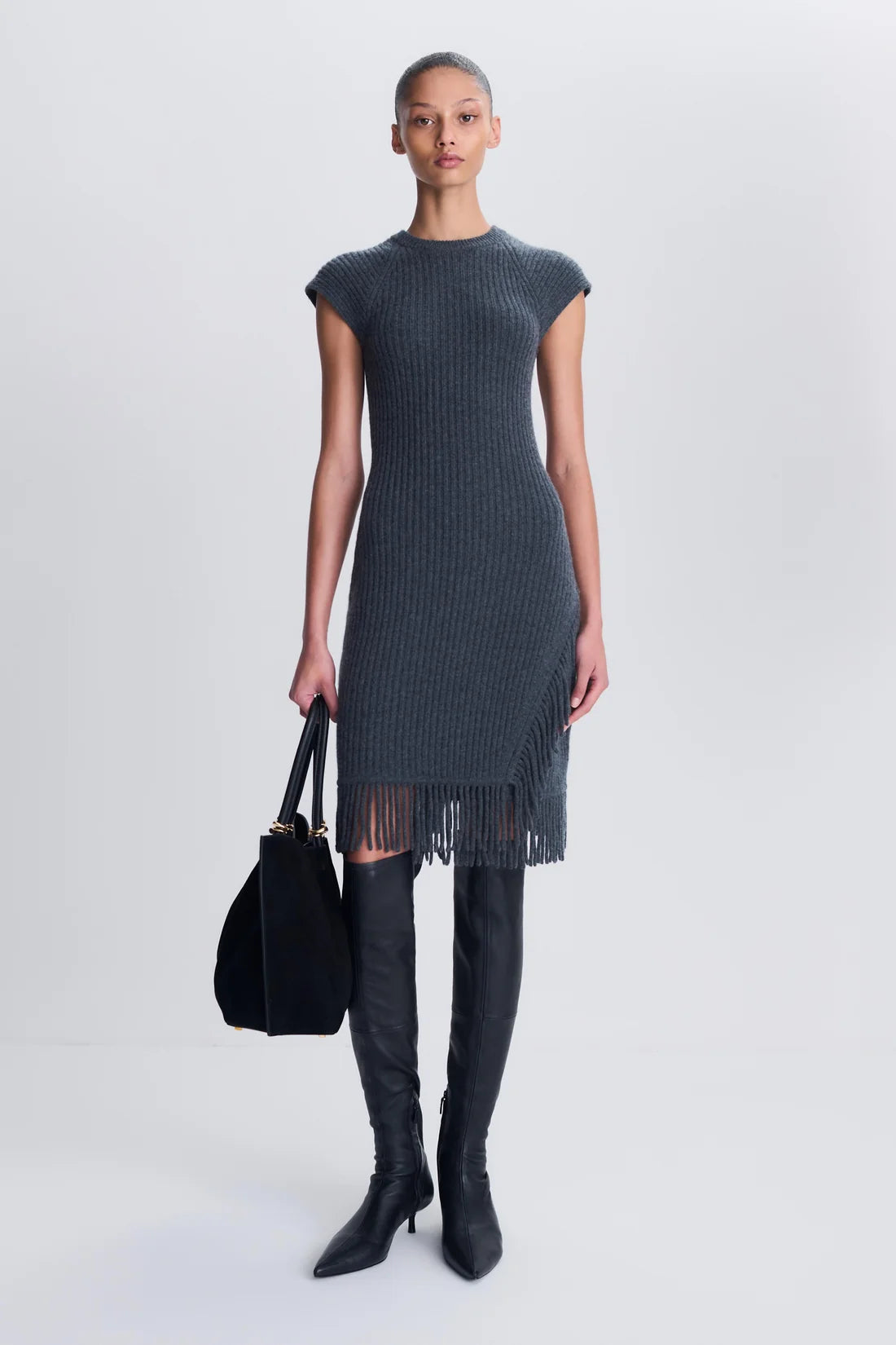 Margot Knit Fringe Mini Dress Dark Charcoal Melange - Simkhai