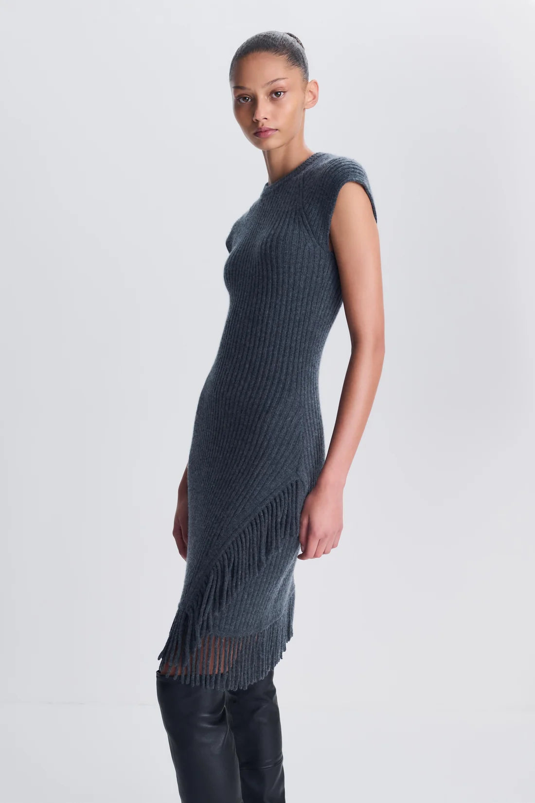 Margot Knit Fringe Mini Dress Dark Charcoal Melange - Simkhai