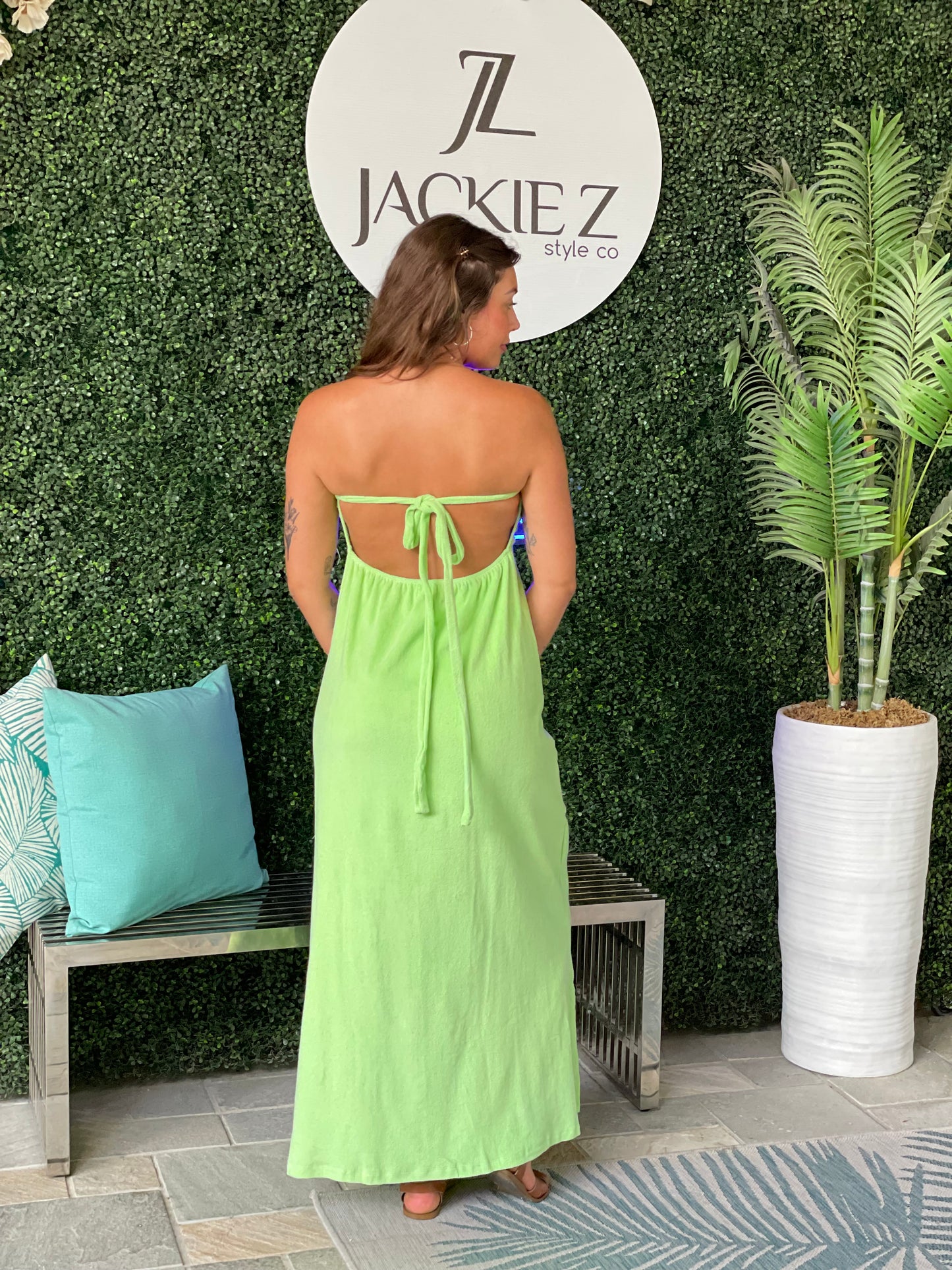 Terry Cloth Long Halter Dress Pistachio - Phie Collective