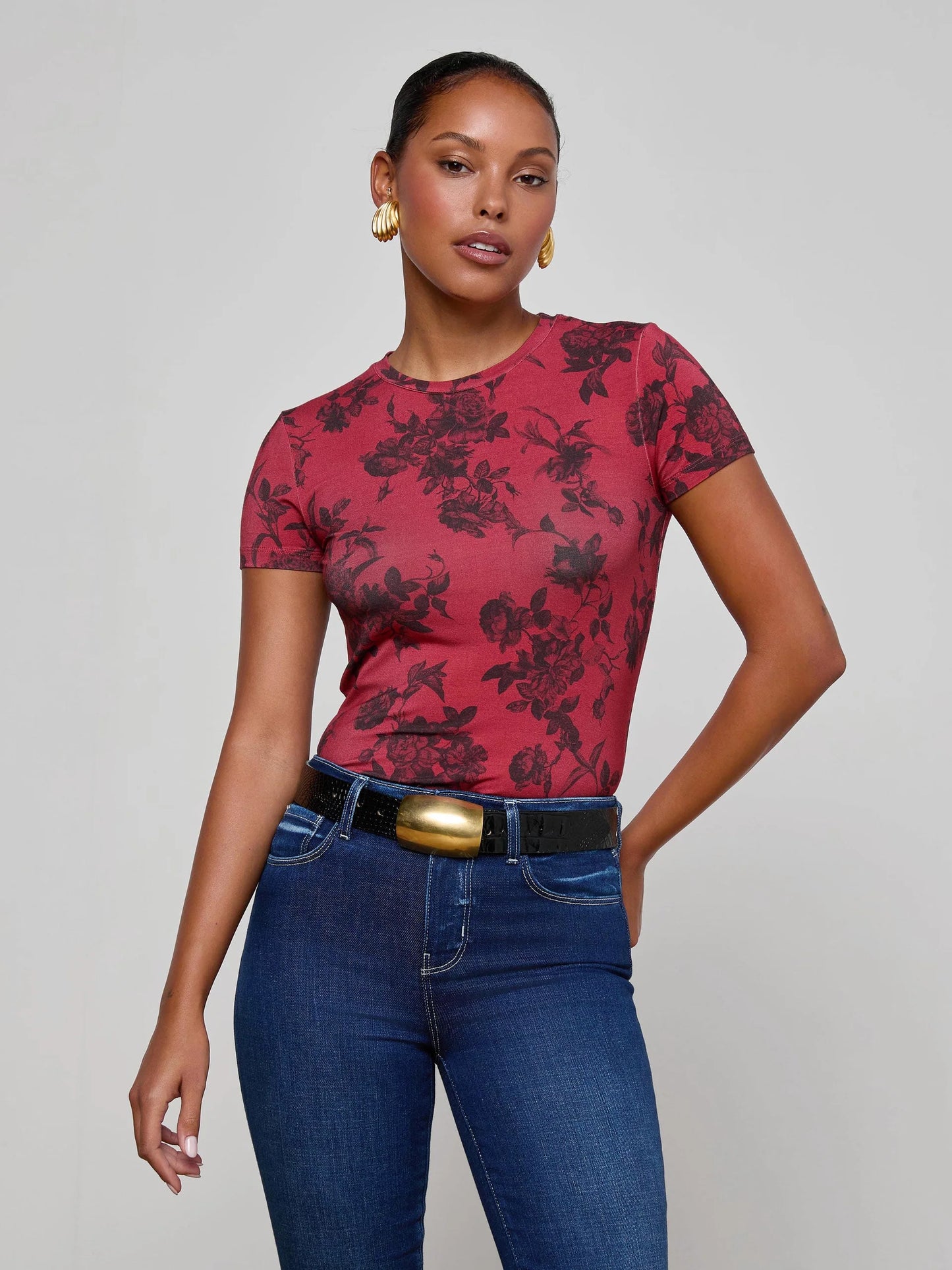 Ressi Fitted Tee Burgundy Painterly Floral - L'AGENCE