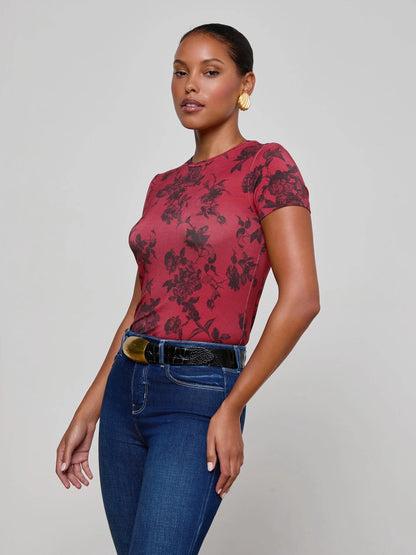 Ressi Fitted Tee Burgundy Painterly Floral - L'AGENCE