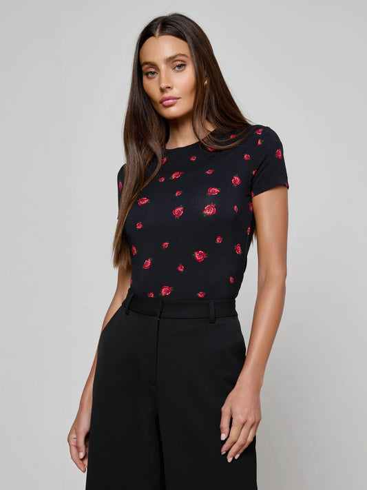 Ressi Fitted Tee Black/Red Rose Embroidery - L'AGENCE