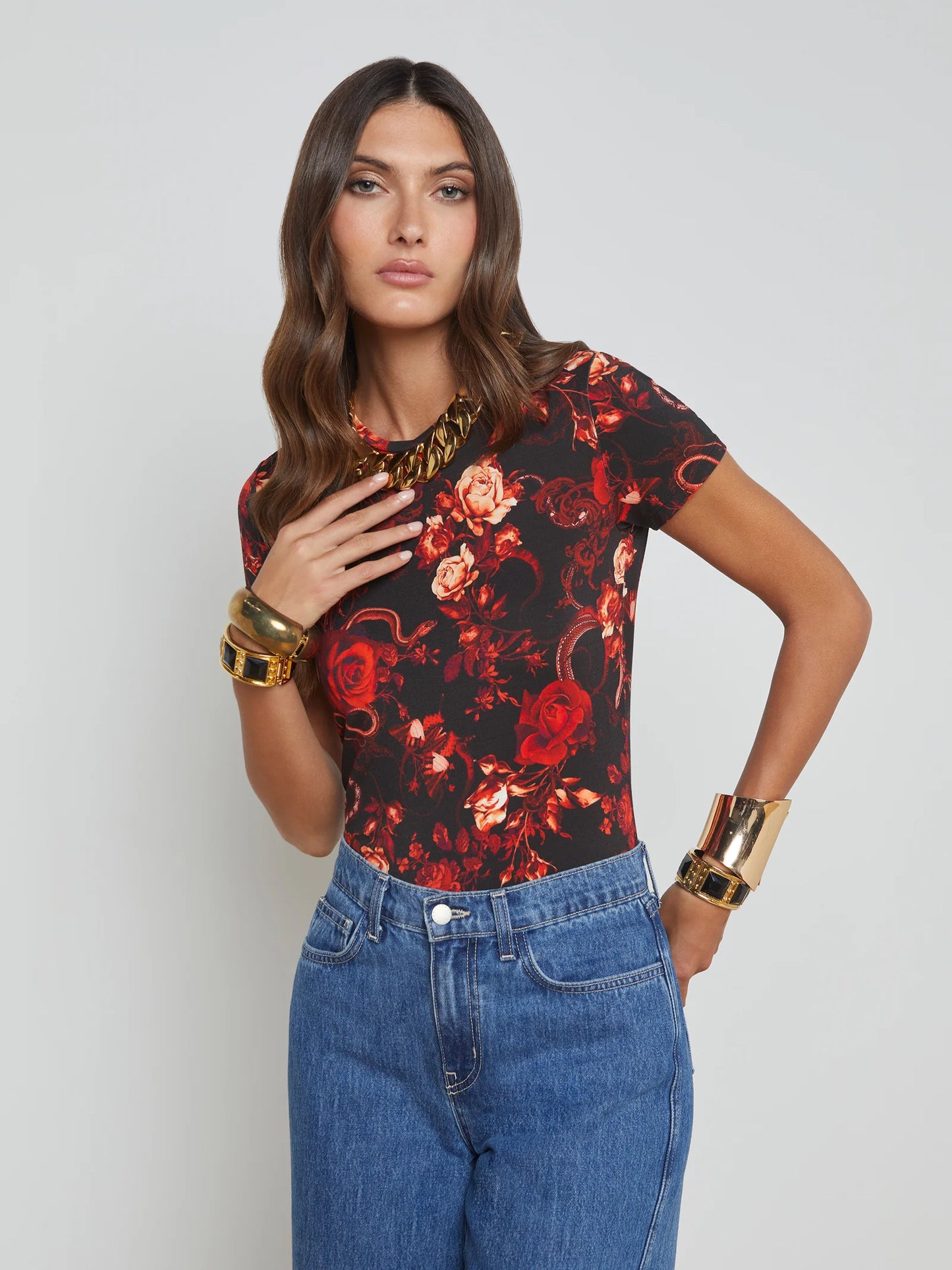 Ressi Fitted Tee Black/Red Baroque Floral - L'AGENCE