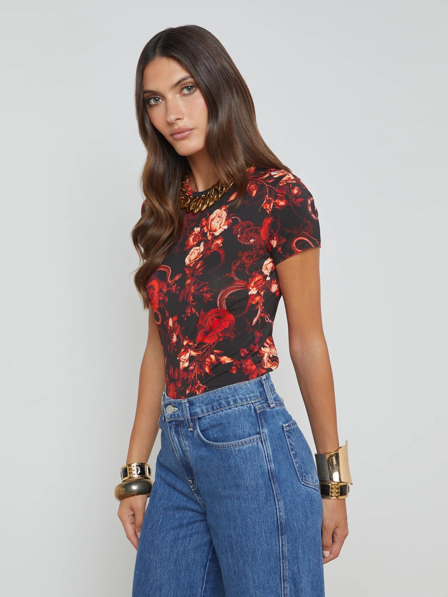 Ressi Fitted Tee Black/Red Baroque Floral - L'AGENCE