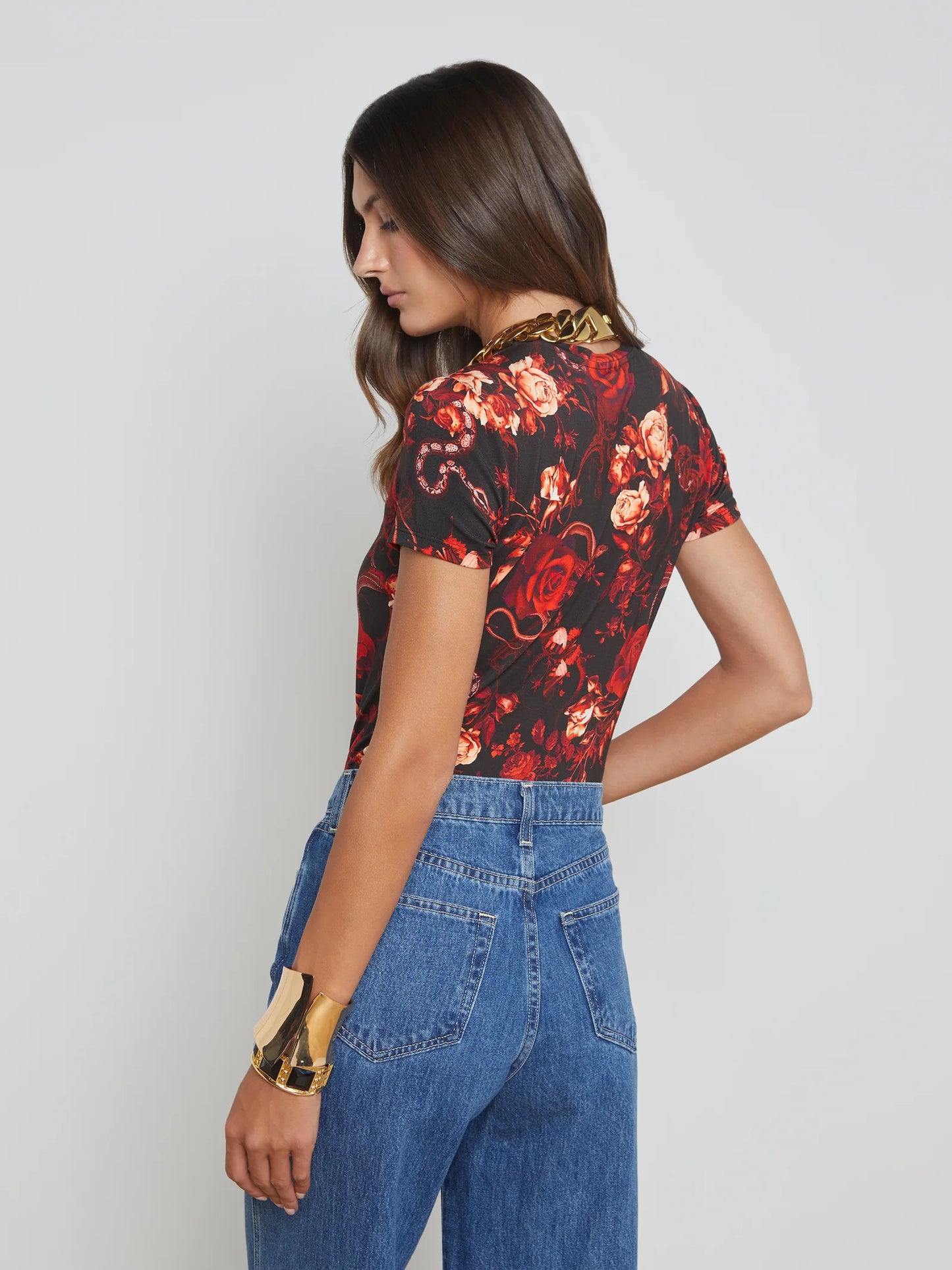 Ressi Fitted Tee Black/Red Baroque Floral - L'AGENCE