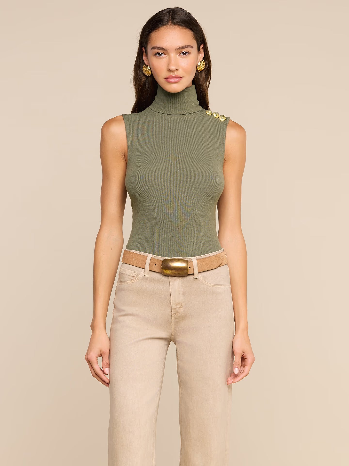 Ceci Sleeveless Turtleneck Ash Olive/Gold - L'AGENCE