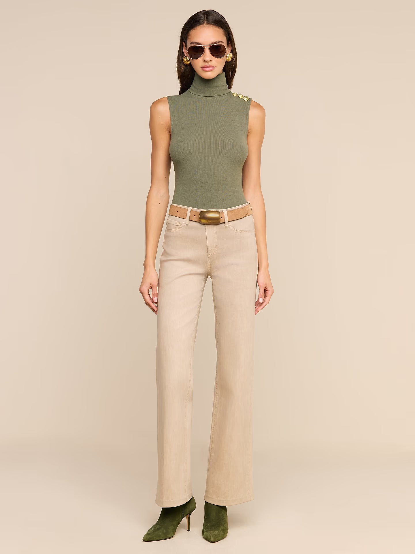 Ceci Sleeveless Turtleneck Ash Olive/Gold - L'AGENCE