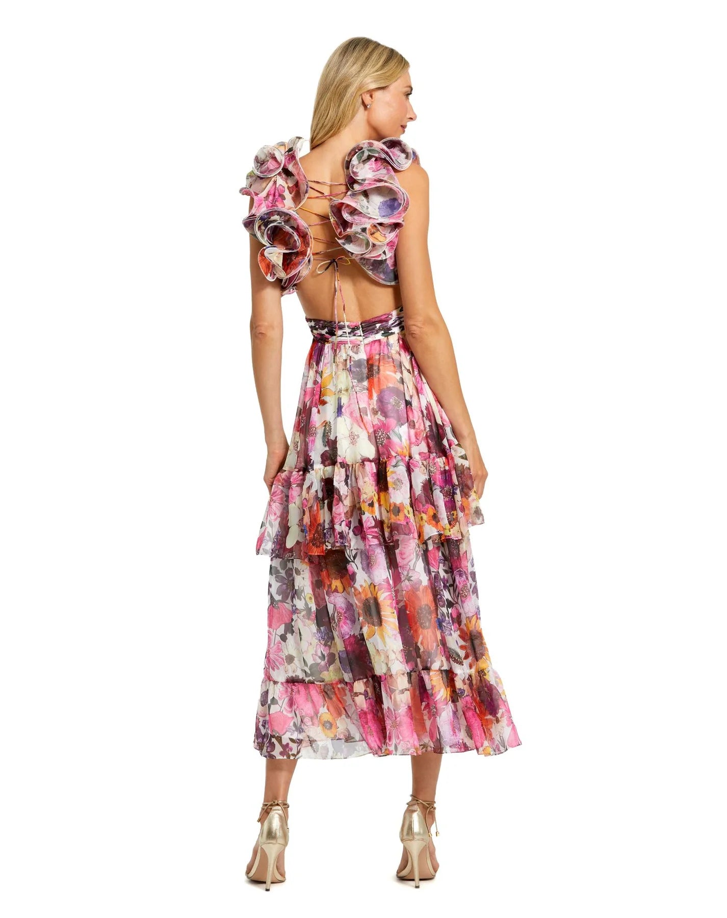 Ruffle Tiered Cut-Out Floral Chiffon Dress White Multi - MAC DUGGAL