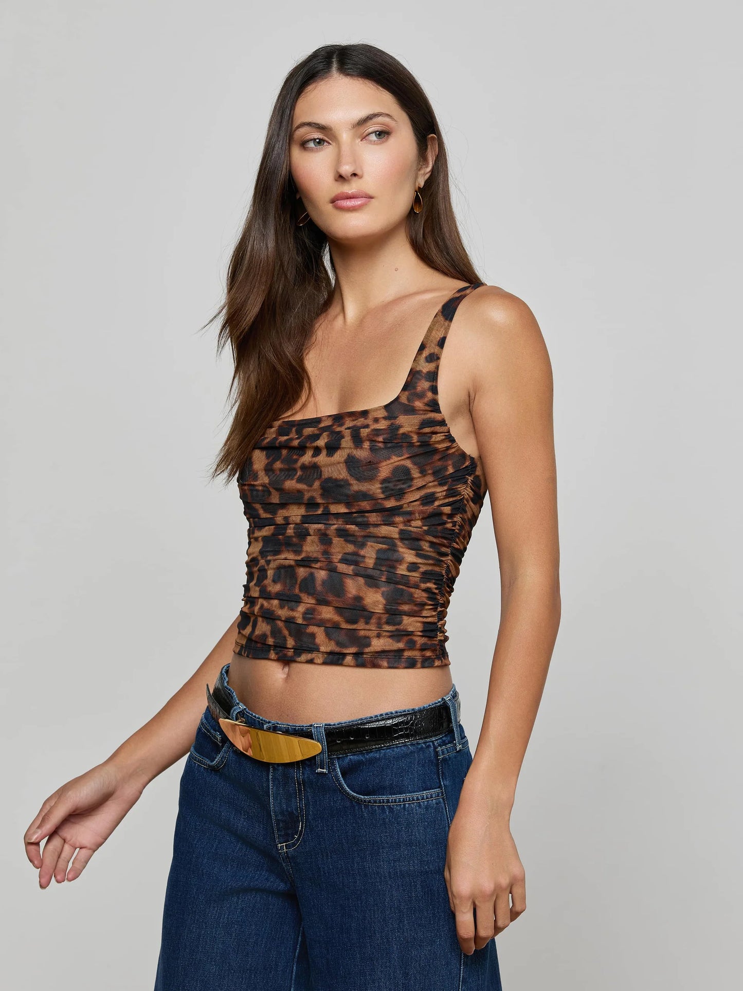 Rasha Shirred Mesh Tank Brown Multi Amur Leopard - L'AGENCE
