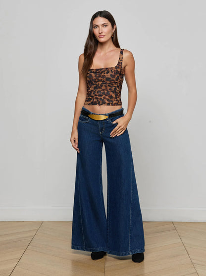 Rasha Shirred Mesh Tank Brown Multi Amur Leopard - L'AGENCE