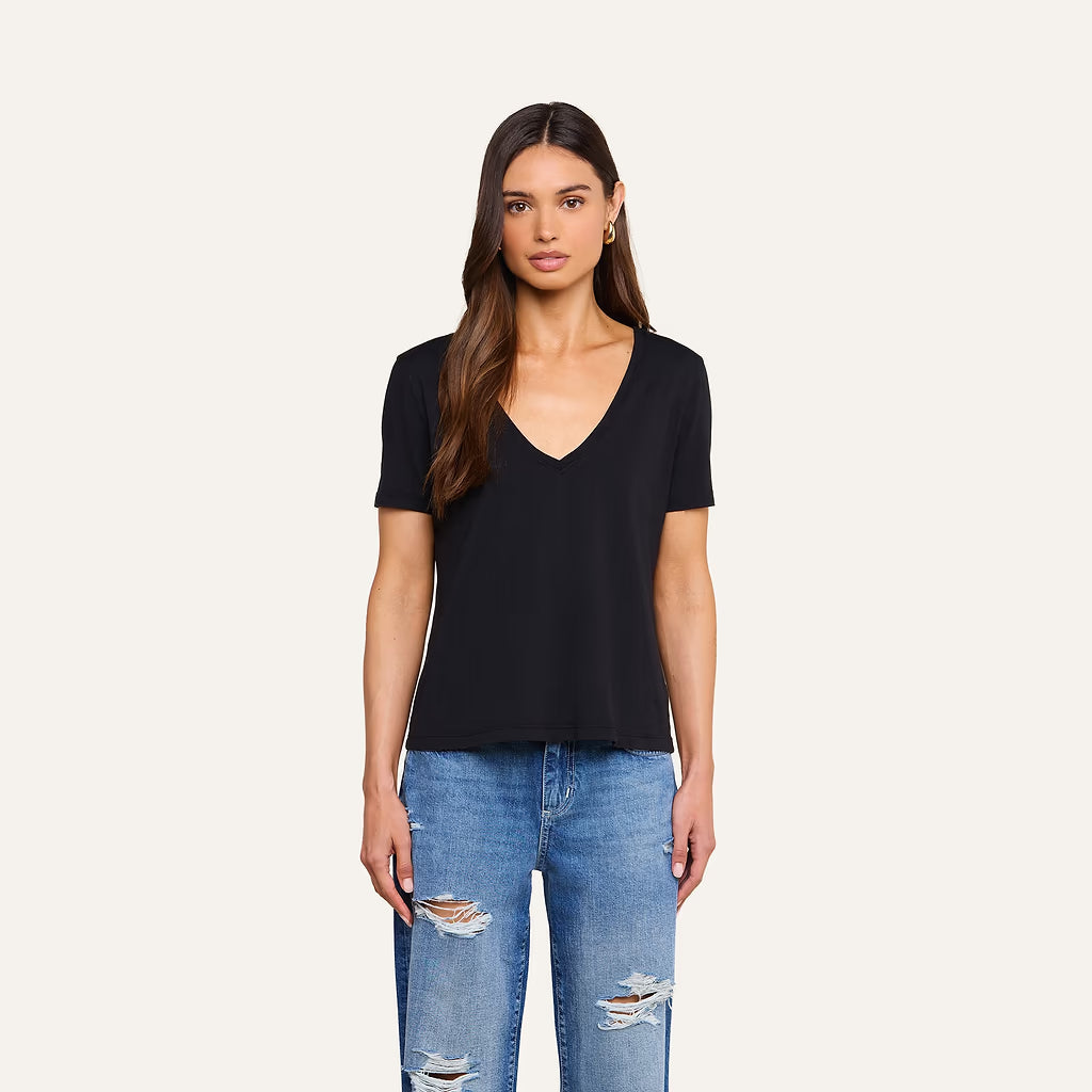 Brianna Cotton V-Neck Tee Black - L'AGENCE