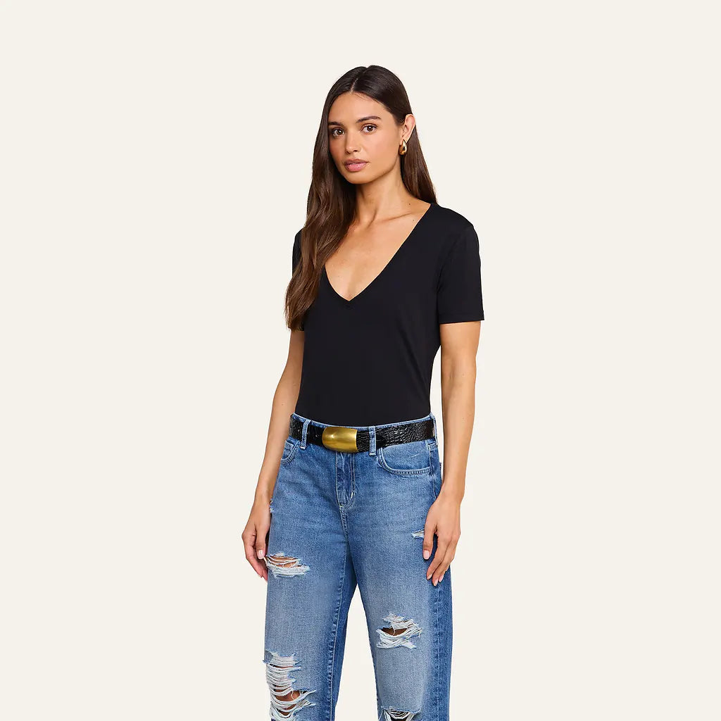 Brianna Cotton V-Neck Tee Black - L'AGENCE
