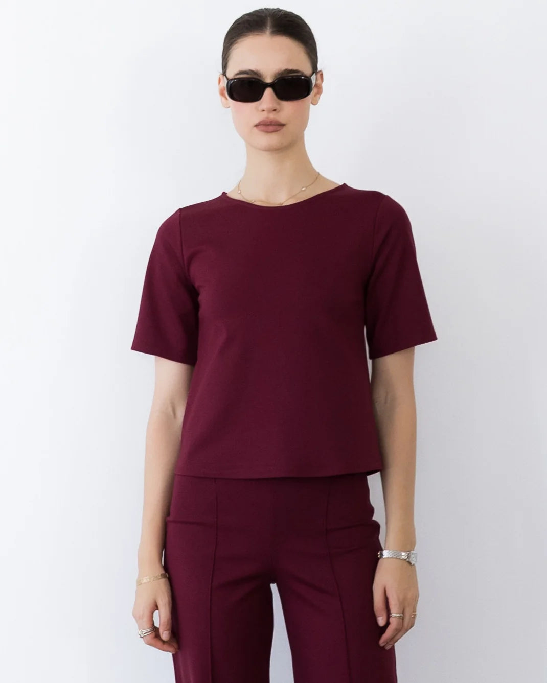 Ponte Knit Extended Short Sleeve Top Wine - Ripley Rader
