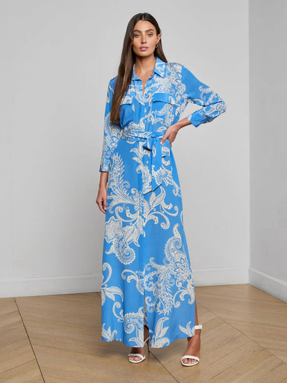 Cameron Silk Shirt Dress Regatta Blue/Ivory Large Paisley - L'AGENCE