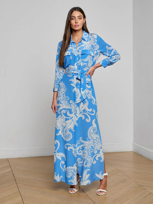 Cameron Silk Shirt Dress Regatta Blue/Ivory Large Paisley - L'AGENCE