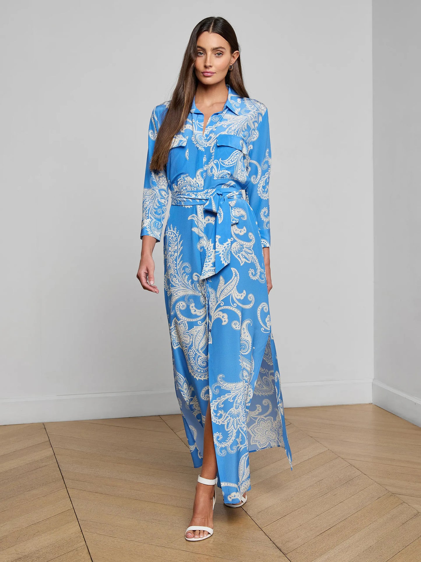 Cameron Silk Shirt Dress Regatta Blue/Ivory Large Paisley - L'AGENCE