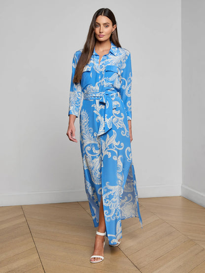 Cameron Silk Shirt Dress Regatta Blue/Ivory Large Paisley - L'AGENCE