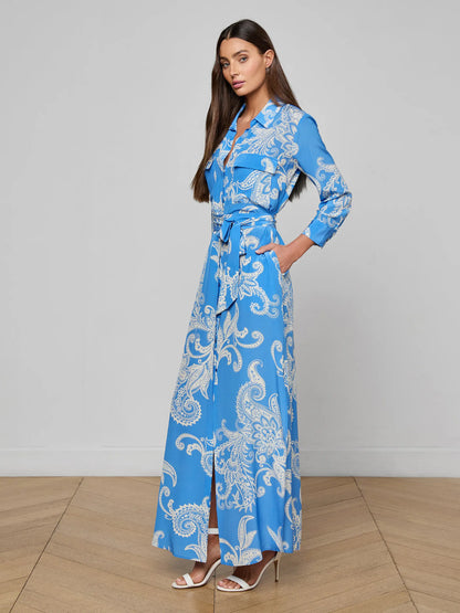Cameron Silk Shirt Dress Regatta Blue/Ivory Large Paisley - L'AGENCE