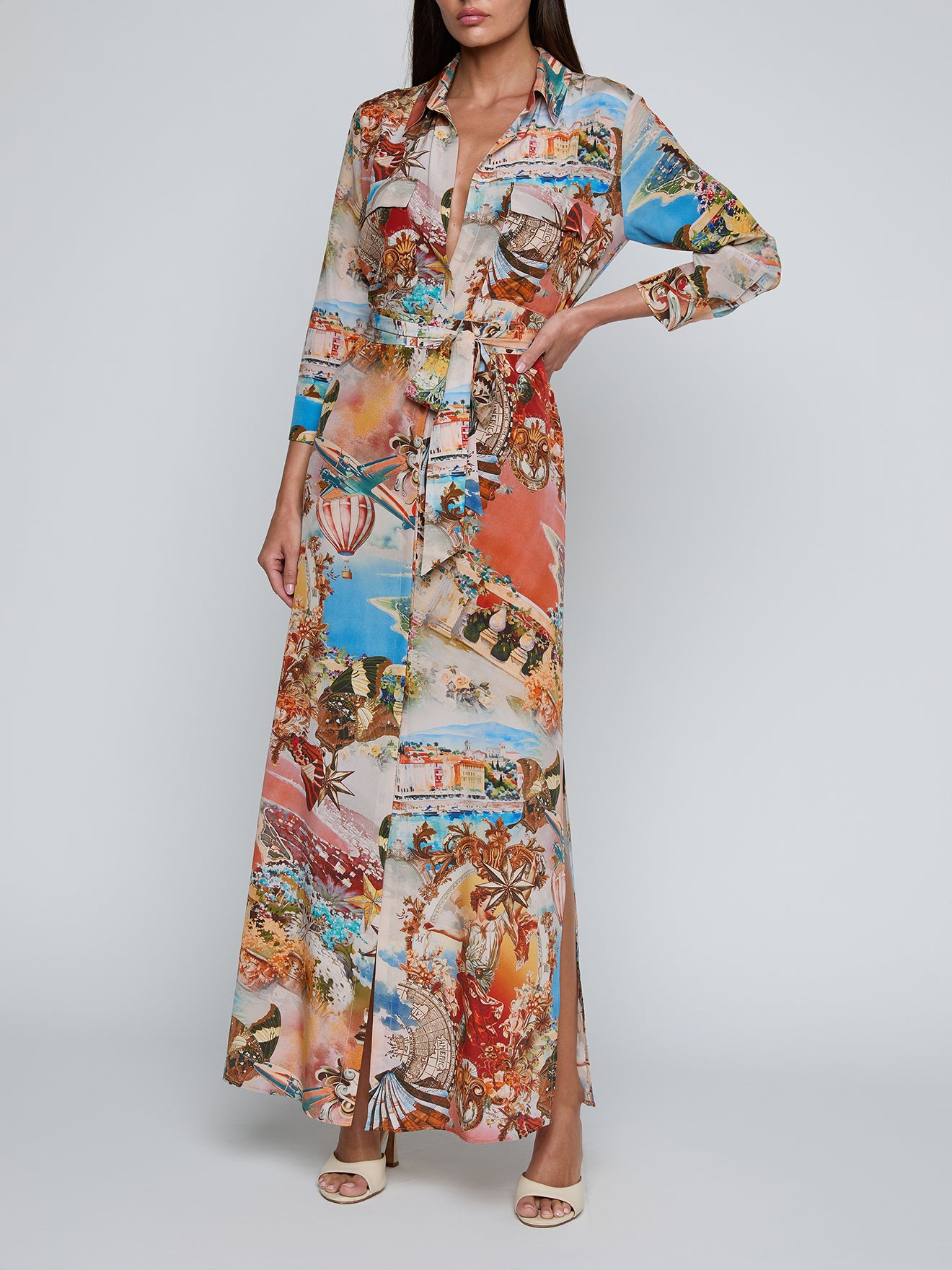 Cameron Silk Shirt Dress Multi Large Collage - L'AGENCE