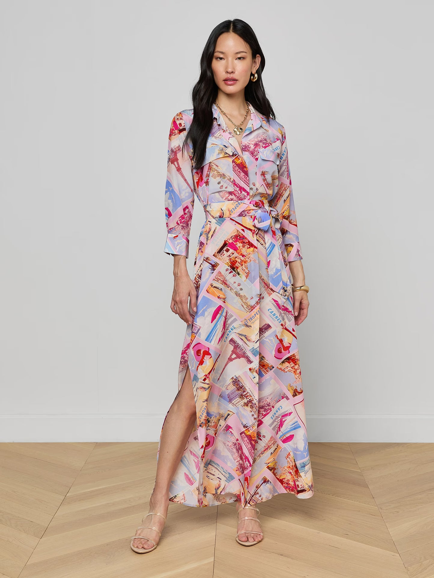 Cameron Silk Shirt Dress Light Pink Multi Large Postcard Print - L'AGENCE