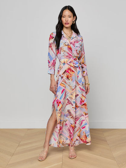 Cameron Silk Shirt Dress Light Pink Multi Large Postcard Print - L'AGENCE