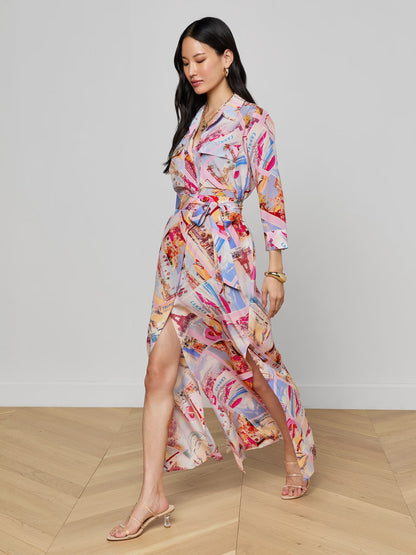 Cameron Silk Shirt Dress Light Pink Multi Large Postcard Print - L'AGENCE