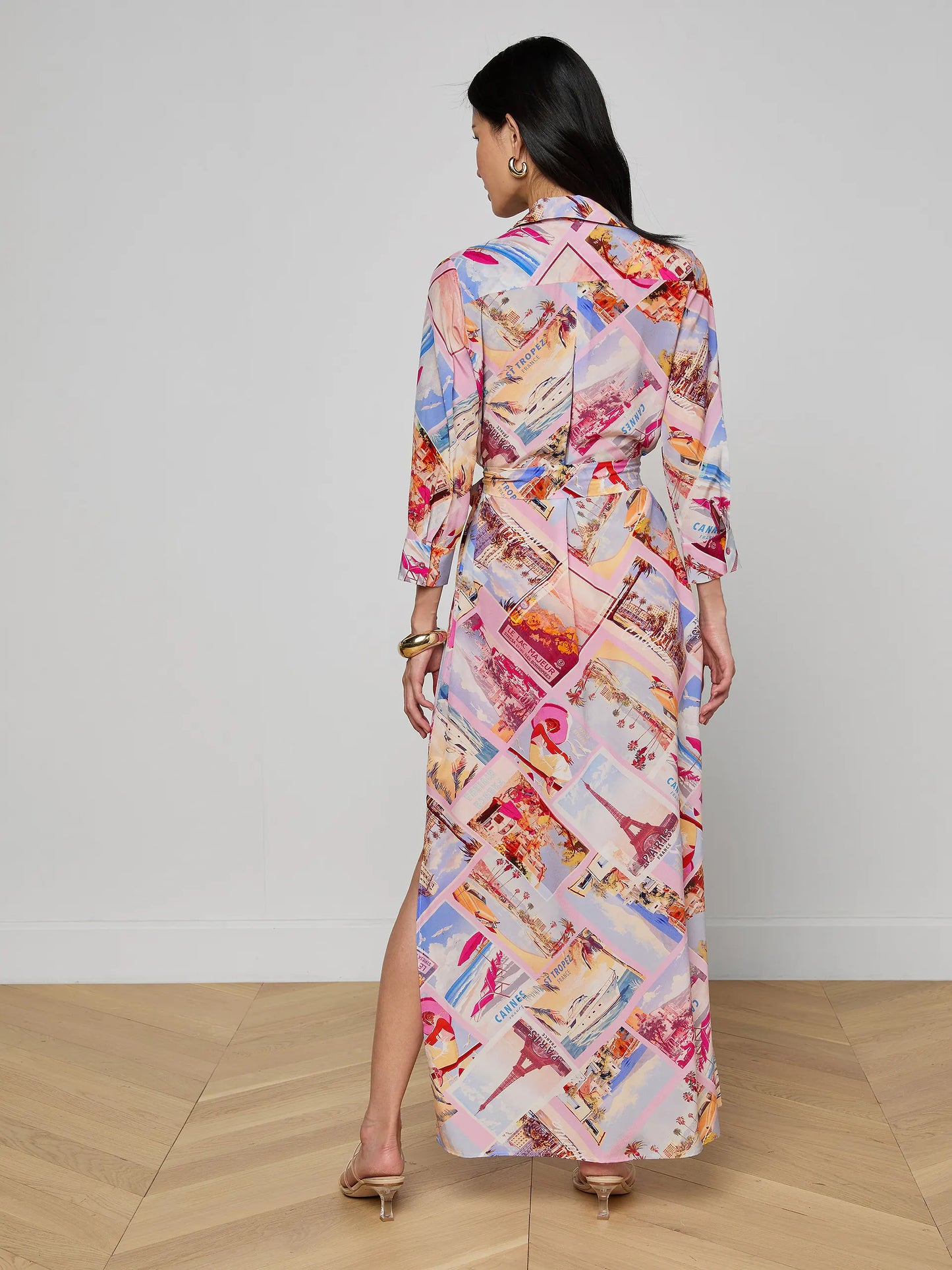 Cameron Silk Shirt Dress Light Pink Multi Large Postcard Print - L'AGENCE