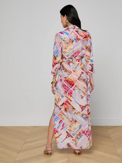 Cameron Silk Shirt Dress Light Pink Multi Large Postcard Print - L'AGENCE