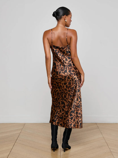 Seridie Silk Slip Dress Brown Multi Amur Leopard - L'AGENCE